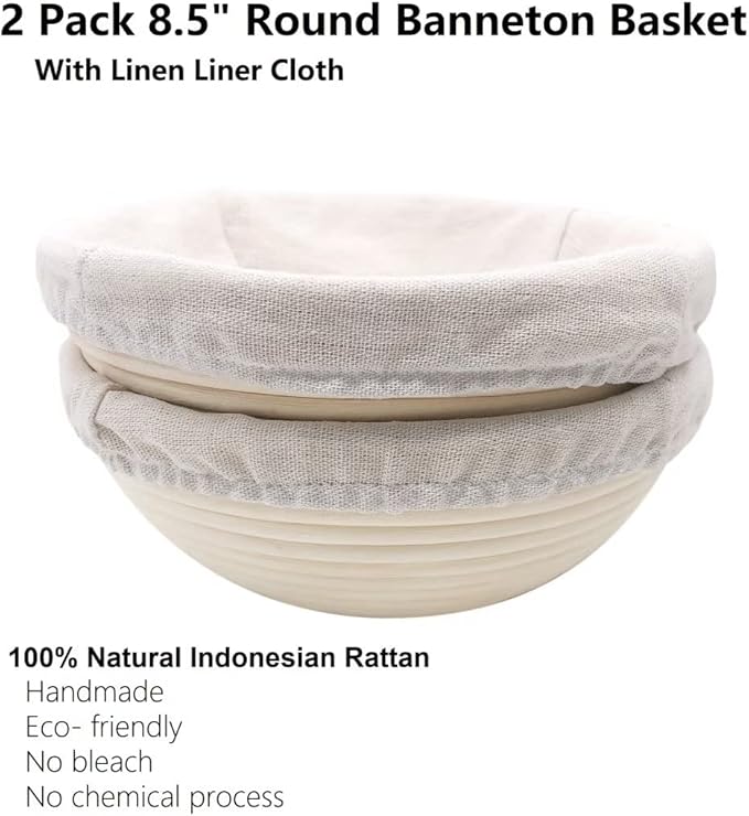 Banneton Basket for Bread Proofing, 8.5 inches Round Dough Proofing Bowls with Removable Liner, Good for Home Sourdough Bakers Baking, 2 Pack