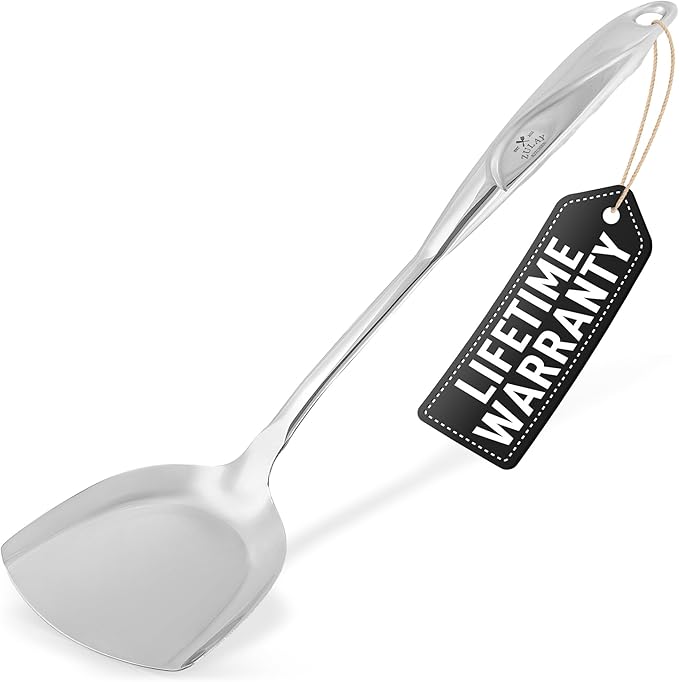 Zulay Kitchen Stainless Steel Metal Wok Spatula - Durable Wok Turner Spatula Shovel - Durable Utensil with Ergonomic, Easy to Use Handle - Easy to Clean, Perfect for at Home Cooks & Chefs - 14.8??,<div>