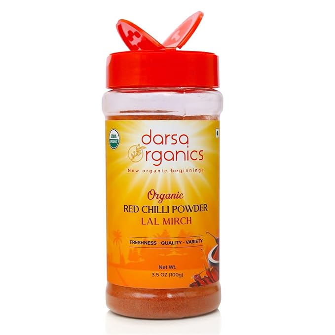 Darsa Organics Indian Red Chili Powder 3.5 oz - USDA Organic Certified Premium Red Chili Powder Organic from India, Non-GMO, Kosher, Gluten Free Chilli Powder Seasoning for Authentic Indian Dishes & Recipes, Packed in a convenient Food Grade PET Jar