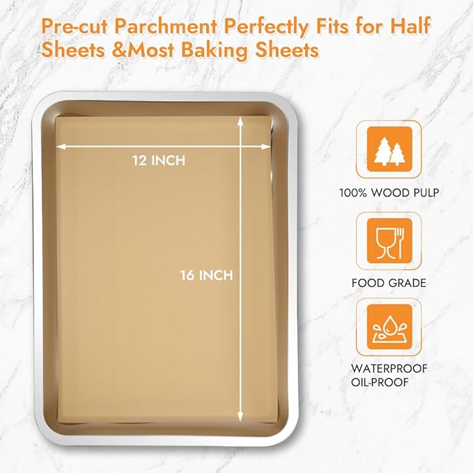 BYKITCHEN 12 x 16 Inch Parchment Paper Sheets, Non-Stick Precut Unbleached Baking Parchment Paper for Oven, Air Fryer, Grilling, Cooking & Steaming Bread Cake Cookie, Fit for Half Sheet Pans (120pcs)