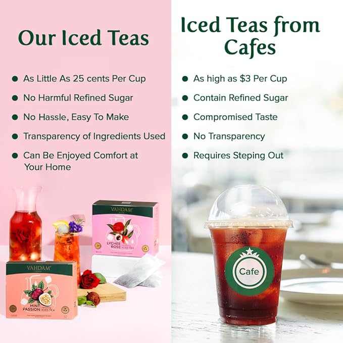Lychee Rose Iced Tea Bags - 26 Pitcher Tea Bags | Zero Added Sugar | Makes 52 Quarts | Blended with Pure Lychee & Rose | Best for Mocktails & Cocktails | Plant-Based Biodegradable Tea Bags | VAHDAM