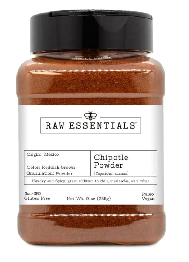 Raw Essentials Chipotle Powder - Smoky and Spicy - Great Addition to Chili, Marinades, and Rubs - Non GMO, Gluten Free, Paleo and Vegan - 9 Ounce Bottle