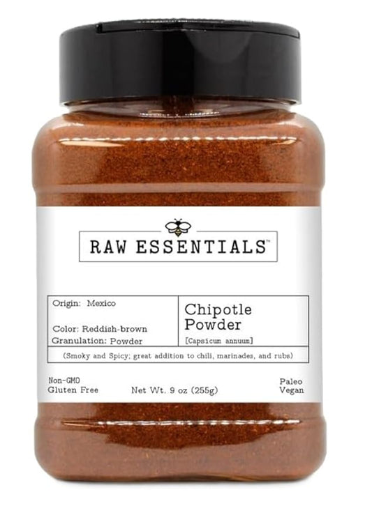 Raw Essentials Chipotle Powder - Smoky and Spicy - Great Addition to Chili, Marinades, and Rubs - Non GMO, Gluten Free, Paleo and Vegan - 9 Ounce Bottle