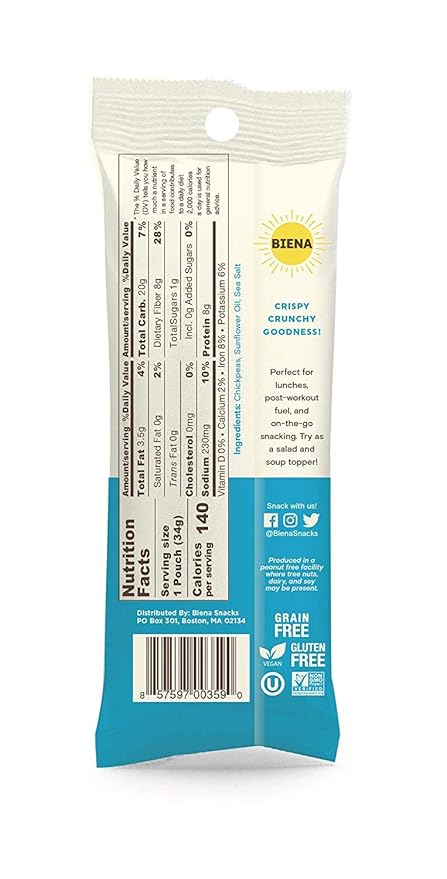 BIENA Chickpea Snacks - Crunchy Roasted Chickpeas - High Fiber Vegan Protein Snacks for Adults and Kids - 10-Pack, 1.2 Ounce Bags - Sea Salt