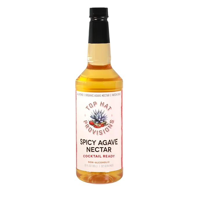 Top Hat Spicy Agave Nectar - Made with 100% Organic Agave Nectar, Hatch Chile & Jalape챰o - Lower Calorie Hot Agave Syrup Sweetener for Margaritas, Cocktails, Mocktails, Lemonades, Soda, Coffee, Tea & Desserts - 32oz Bottle