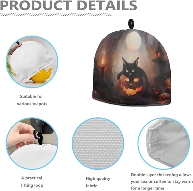 Halloween Decor Tea Cozy for Teapot Customized Teapot Covers Tea Kettle Warmer Cover Hanging Teapot Cover with Handle Black Cat Jack-o'-Lantern Dust Cover for Keeping Warm 竊뉰lack竊?"<div>