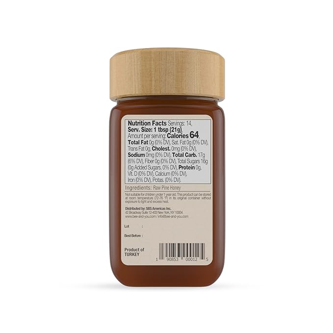 BEE and YOU Pine Raw Honey, Honeydew Honey, Wild-crafted, 100% Natural, Unprocessed, Enzymes, Antioxidants, Manuka Honey Alternative, Paleo, Gluten-Free (10.6 oz)
