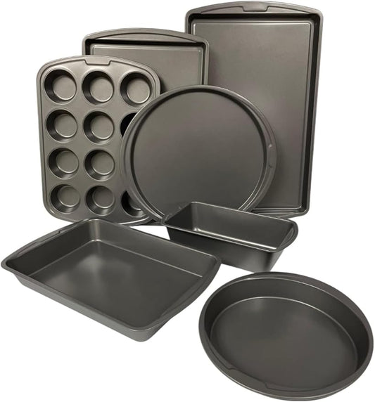 7-Piece Premium US Formulated Non-Stick, Bakeware Set PFAS-Free, 2 Cookie Sheet Pans, Round Cake Pan, Loaf Pan, Pizza Pan, Bake & Roast Pan, 12 Cup Muffin Pan