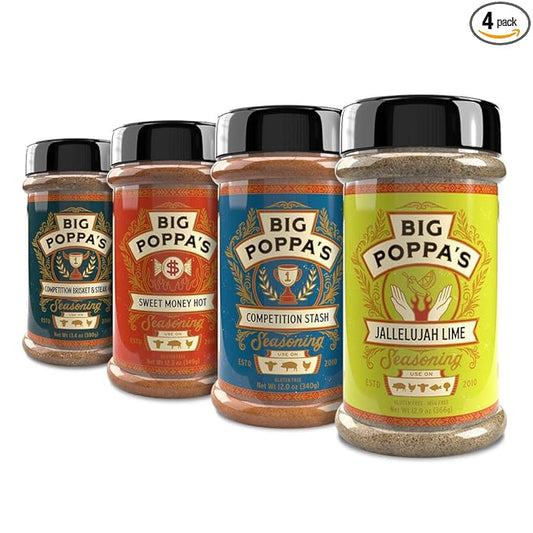 Big Poppa's Sweet Heat Flavor Bundle (4-Pack) - Featuring Sweet Money Hot, Competition Brisket & Steak, Competition Stash, and Jallelujah Lime Seasoning - Ultimate BBQ Seasoning Kit