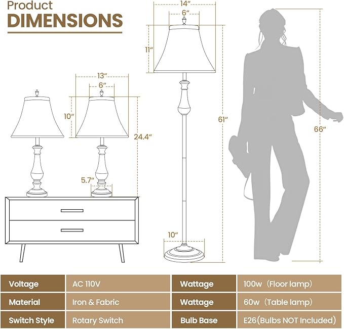 3-Piece Lamp Set (Table & Floor), Black Finish Vintage Brown Fabric Shades for Bedroom