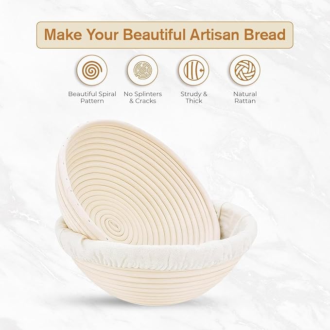Banneton Bread Proofing Basket 9??Round & 10" Oval with Linen Liners ??Sourdough Bread Baking Supplies Kit | Natural Rattan Sourdough Proofing Basket, Bread Making Tools, Sourdough Banneton Basket
