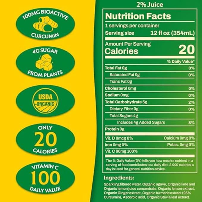 Golden Tiger Turmeric Sparkling Lemonade, Lemon Lime 12-Pack ??Curcumin & Ginger for Inflammation ??Sparkling Wellness Drink with Organic Superfoods + Antioxidants for Recovery, Immunity, Gut Health - 4g Sugar, 20 Calories
