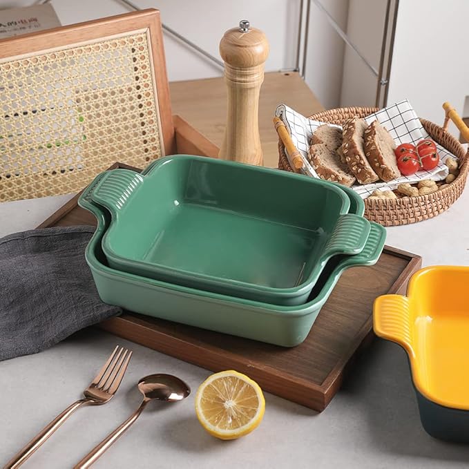 Sweejar Ceramic Baking Dish, 9 x 9 Cake Baking Pan for Brownie, Porcelain Square Bakeware with Double Handle for Casserole, Lasagna, Family Dinner (Light Green)