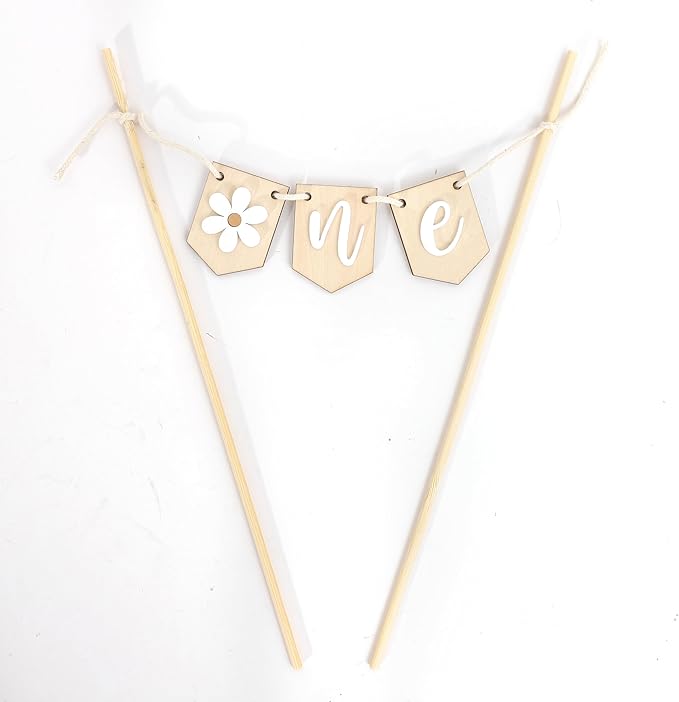 Wooden Daisy One 1st Birthday Cake Topper - Retro Groovy Boho Daisy, Best Flower Cake Topper