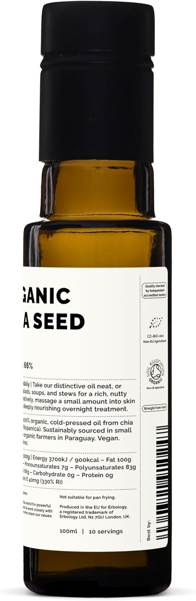 Erbology Organic Chia Seed Oil 3.4 fl oz - Cold-Pressed - Rich in Omega-3 (66%) and Vitamin E (330% RI) - No Additives or Preservatives - Sustainably Sourced - Vegan - GMO-Free