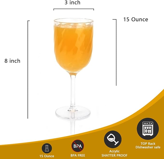 Yalin Set of 6 Unbreakable 12 oz Acrylic Plastic Wine and Water Tumbler Stackable Goblets. (Clear, 15 oz)
