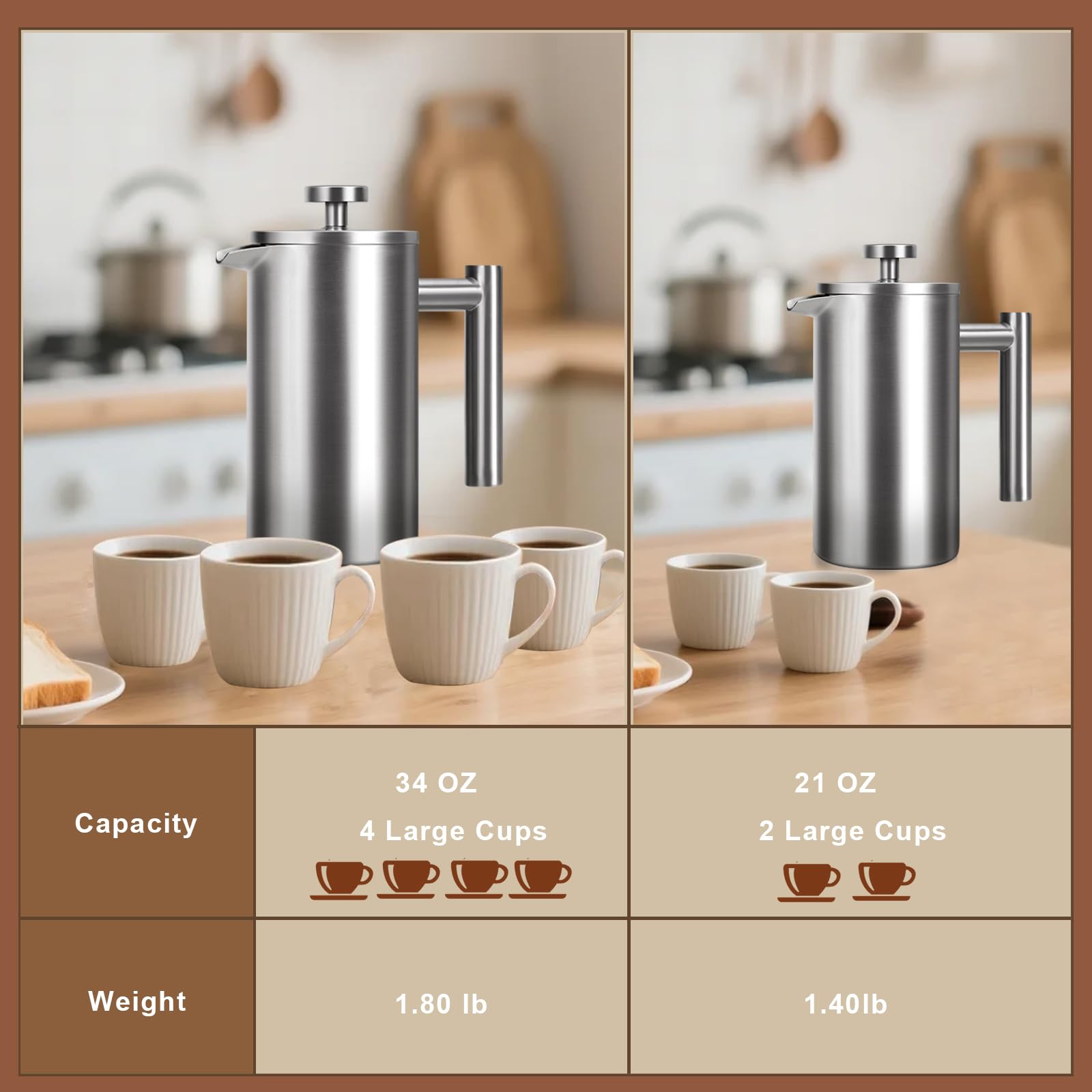French Press 34 oz, Full Stainless Steel French Press Coffee Maker 4 Cups
