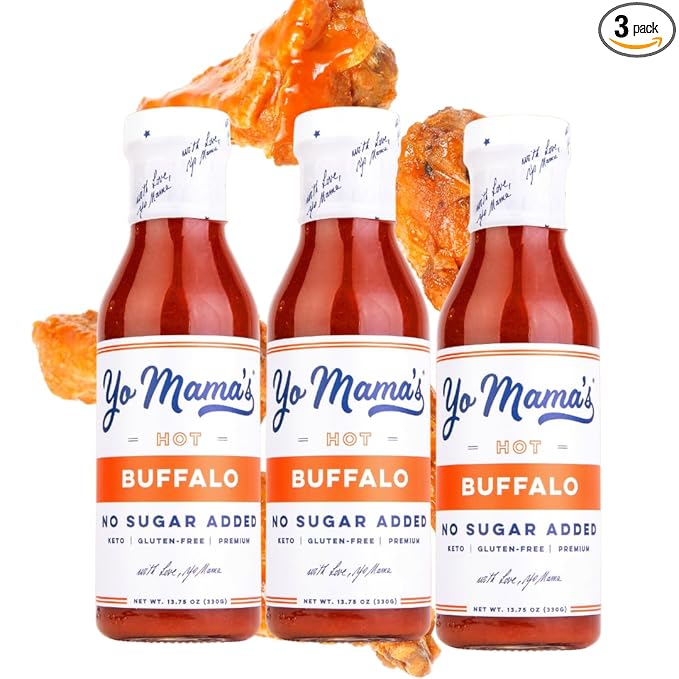 Yo Mama???Foods Keto Hot Buffalo Dipping, Marinade & Wing Sauce - Pack of (3) - Low-Zero Carb, No Sugar Added, Whole30, Paleo, Gluten and Soy Free, and Low Calorie!
