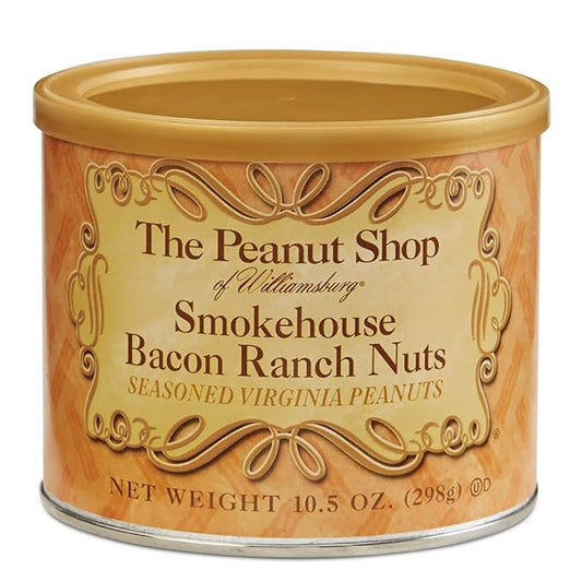 The Peanut Shop of Williamsburg Bacon Ranch Seasoned Salted Virginia Peanuts from Williamsburg, Handcooked Peanuts - 10.5 Oz Tin
