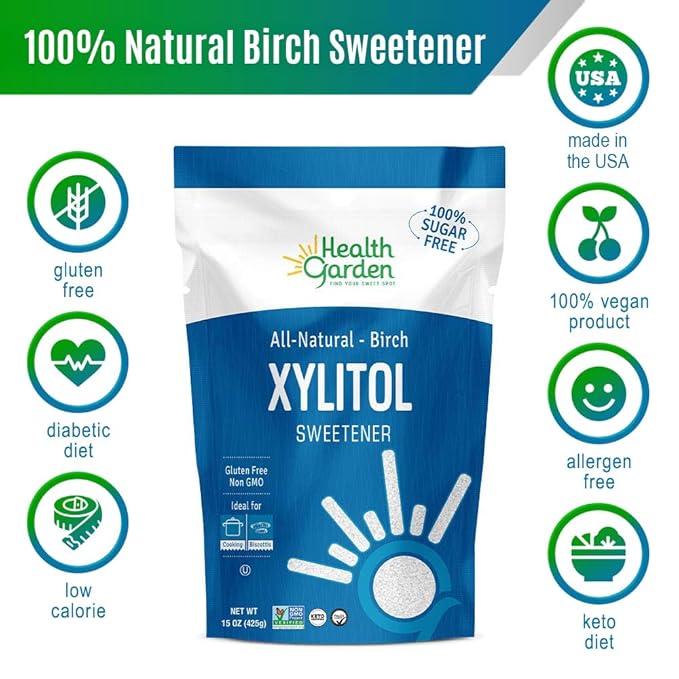 Health Garden Birch Xylitol Sweetener - 1 LB Resealable Bag - Pure Birch Xylitol - Non GMO, Kosher, Ideal Powdered Sugar Substitute - Non-GMO Sugar Alternative
