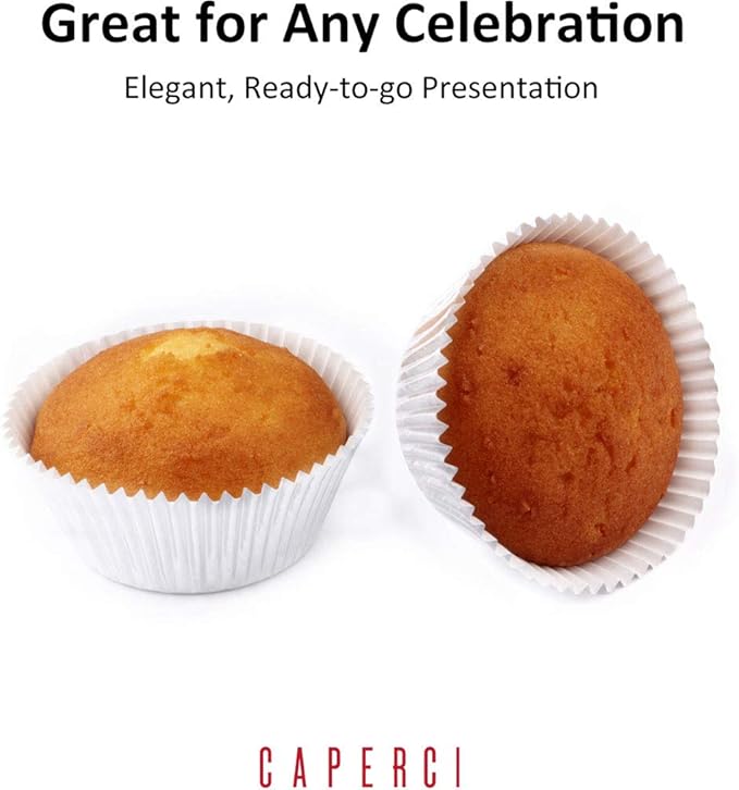 Caperci White Foil Cupcake Liners Standard Muffin Wrappers 150-Pack - Premium Greaseproof & Sturdy Cupcake Papers for Baking