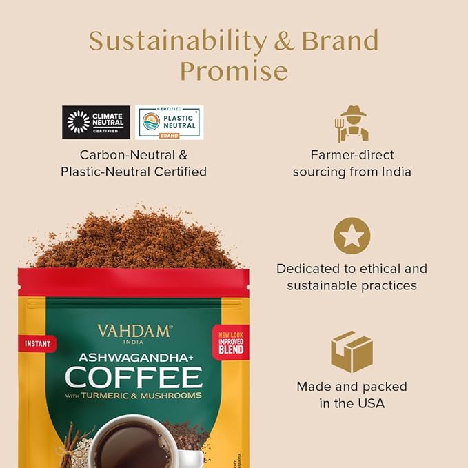 VAHDAM Ashwagandha Coffee with Turmeric, Lion?™s Mane & Chaga Mushroom | Clinically Proven KSM 66 Ashwagandha & Pure Arabica Coffee | Stress & Cortisol Support, Better Energy - 40 servings