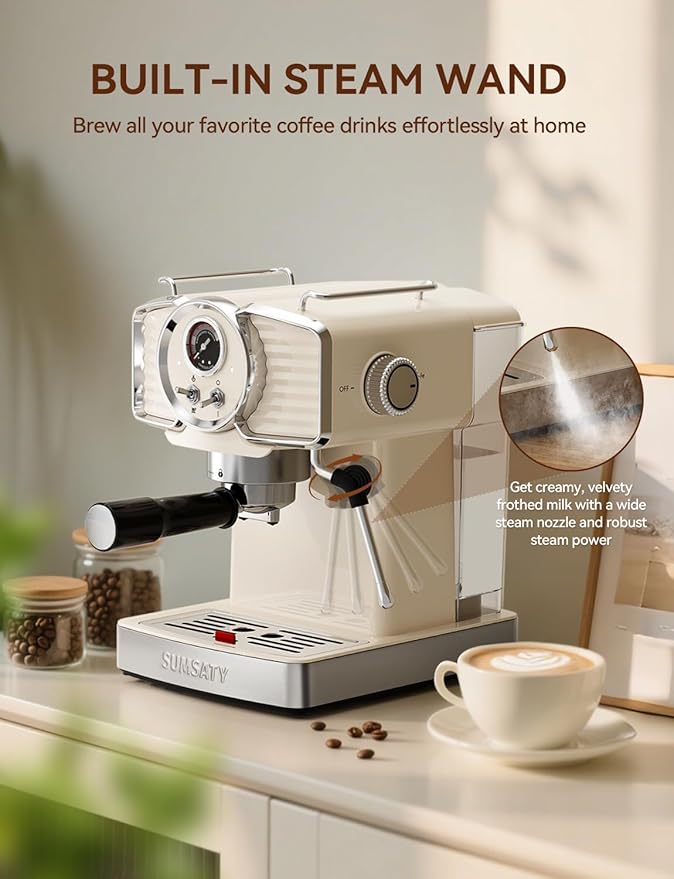 Espresso Machine 20 Bar, Professional Espresso Maker with Milk Frother Steamer Wand, Retro Coffee Maker Cappuccino & Latte Machine for Home, 1.8L Removable Water Tank, Off-white