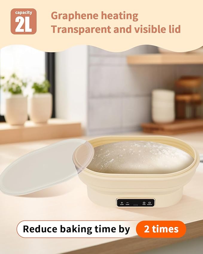 2L Heating Bread Proofing Basket Set Foldable Thermostatic Silicone Bowl with 77-122??6 Gears Temperature & 6H Timer, for Artisan Baking Sourdough Starter Bread Making Supplies Tools Kit