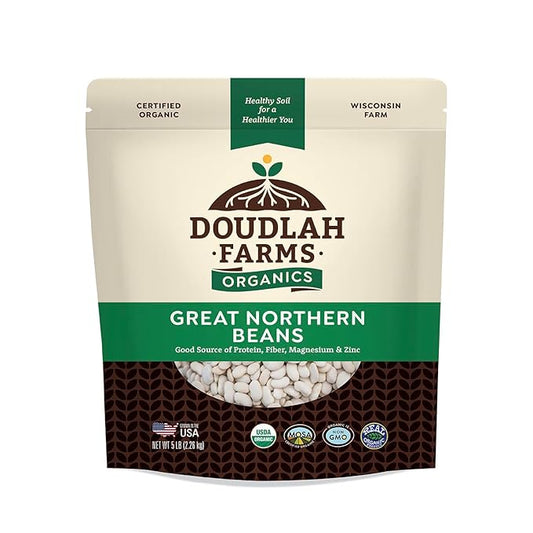 Organic Great Northern Beans 5lb Bulk by Doudlah Farms - Farmed From Regenerative Soil - Tested Clean Certified - Vegan, Non-GMO, Grown In USA - Fiber & Protein for Soups, Burritos, Salads, and Chili
