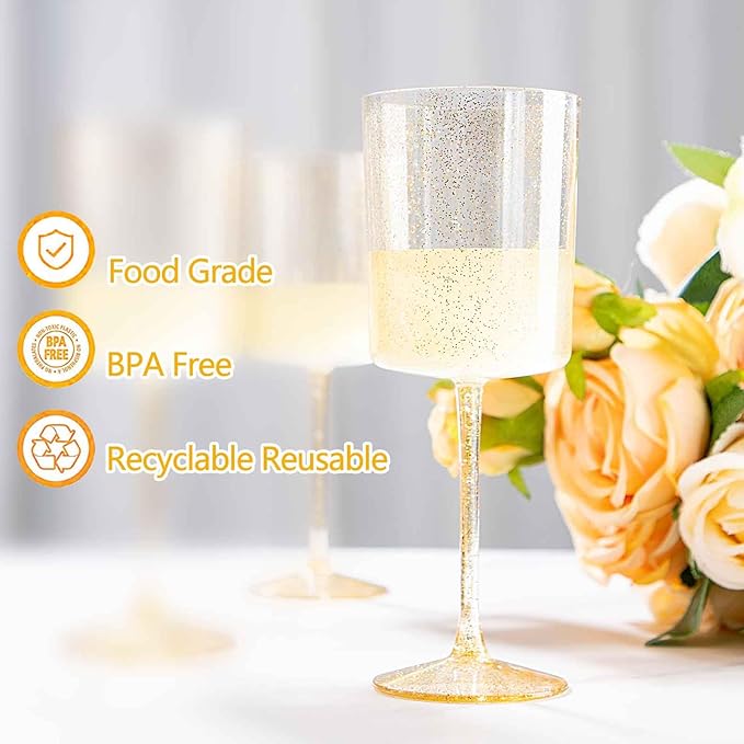 Ciaell 6 Pack Gold Plastic Wine Glasses - 10 Oz Disposable Glasse with Stem - Disposable Wine Glasses Perfect for Parties & Weddings & Poolside & Outdoors & Camping & Thanksgiving