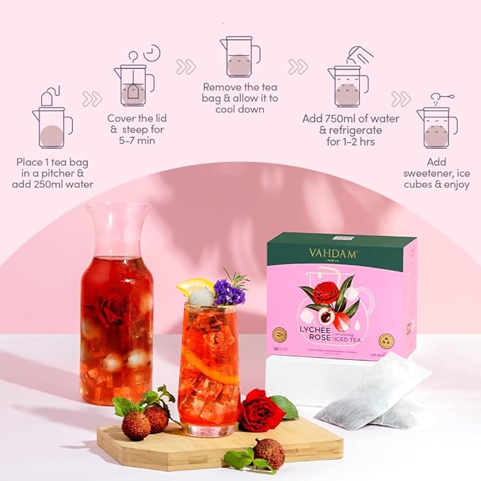 Lychee Rose Iced Tea Bags - 26 Pitcher Tea Bags | Zero Added Sugar | Makes 52 Quarts | Blended with Pure Lychee & Rose | Best for Mocktails & Cocktails | Plant-Based Biodegradable Tea Bags | VAHDAM