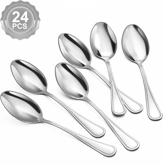BEWOS 24-Piece Spoons Silverware - 7.5-inch Dinner Spoons Set, Food Grade Stainless Steel Tablespoons, Sturdy Metal Spoon, Mirror Polished Tablespoon, Dishwasher Safe, Multipurpose Utensils Bulk
