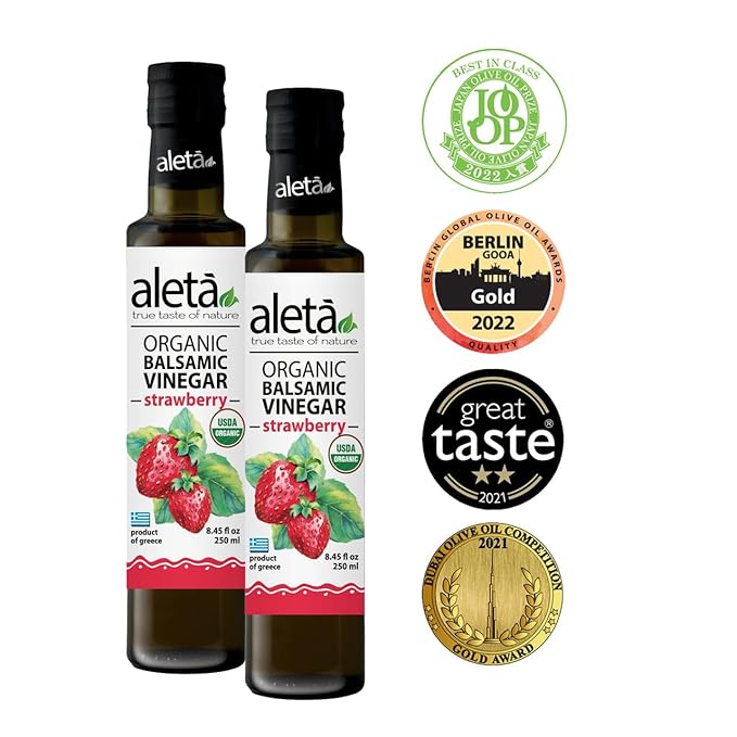 Aleta Farms Balsamic Vinegar, Greek Organic Strawberry Infused Aged Balsamic Vinegar, USDA Organic, Perfect for Salad Dressings, Pasta, Desserts & Cocktails, Glass Bottle, 8.45 fl oz (Strawberry)