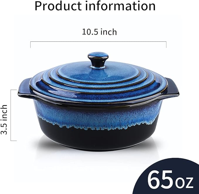 KOOV Ceramic Casserole Dish with Lid Oven Safe, 2 Quart Casserole Dishes, Covered Round Casseroles Dish Set, 9 inch Baking dish With Lid for Dinner, Deep Casseroles Cookware Set, Reactive Glaze