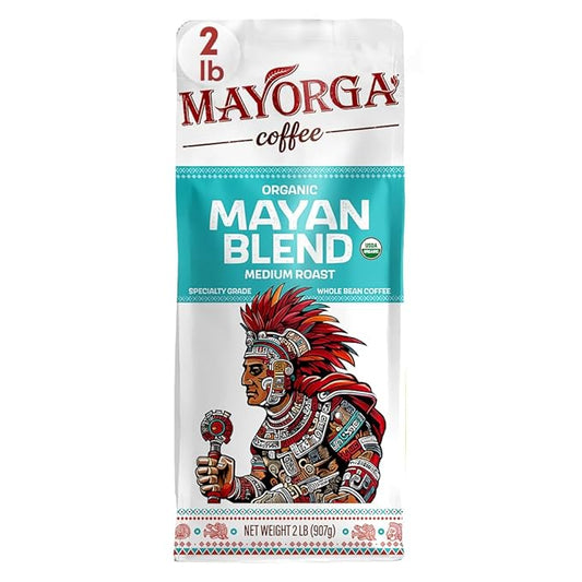 Mayorga Organic Coffee 2lb Mayan Blend - Medium Roast Whole Bean Coffee Specialty Grade, 100% Arabica, Slow Roasted, Chocolate and Floral Flavor with Low Acidity - USDA Organic, Non-GMO, Kosher