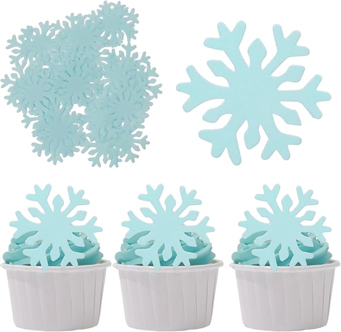 THJ 50PCS Edible Snowflakes Cupcake Toppers Blue Snowflakes Cake Decorations Wafer Paper Snowflake Cake Sprinkles for Christmas Winter Holiday Frozen Theme Party Supplies