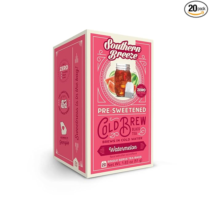 Southern Breeze Cold Brew Sweet Tea Watermelon Iced Tea with Black Tea and Zero Carbs Zero Sugar, 20 Individually Wrapped Tea Bags Southern Sweet Tea Iced Tea Beverage