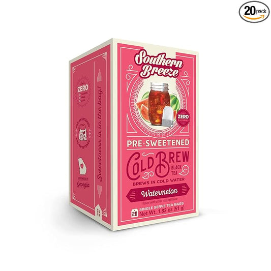Southern Breeze Cold Brew Sweet Tea Watermelon Iced Tea with Black Tea and Zero Carbs Zero Sugar, 20 Individually Wrapped Tea Bags Southern Sweet Tea Iced Tea Beverage