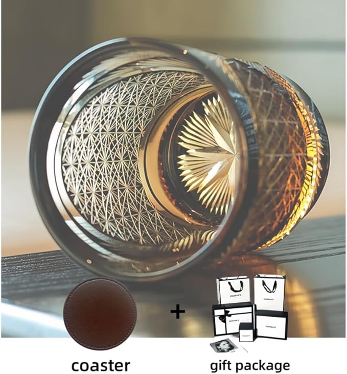 Hand-Carved Crystal Sake Glass with Gold Accents, Traditional Japanese Whiskey Cup, Luxury Amber Design竊늏utumn maple竊?,<div>