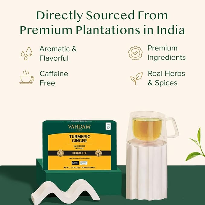 VAHDAM, Turmeric Ginger Herbal Tea Bags (30 Pyramid Tea Bags) Caffeine Free, Non GMO, Gluten Free | 100% Pure Herbal Blend - Savory & Spicy | Individually Wrapped Pyramid Tea Bags | Direct from Source