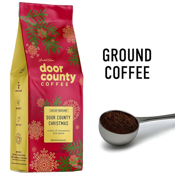 Door County Coffee Door County Christmas DECAF Flavored Coffee Ground - 8 oz Bag - Holiday Seasonal - Medium Roast - 100% Specialty Arabica - Cinnamon & Spice Flavor