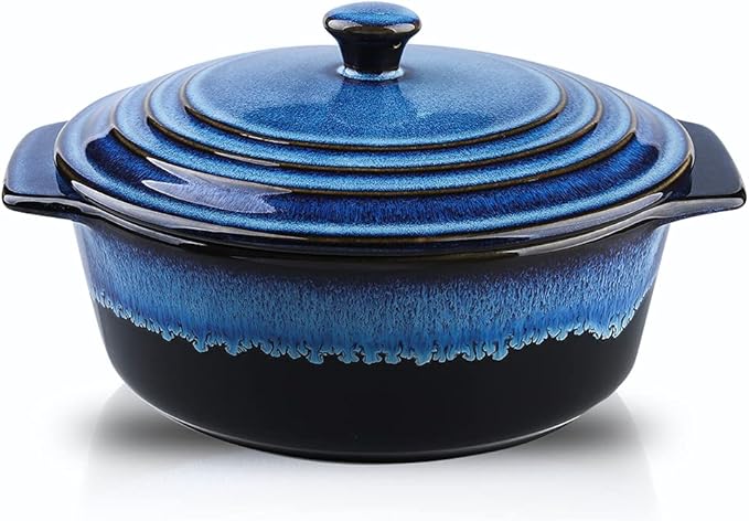 KOOV Ceramic Casserole Dish with Lid Oven Safe, 2 Quart Casserole Dishes, Covered Round Casseroles Dish Set, 9 inch Baking dish With Lid for Dinner, Deep Casseroles Cookware Set, Reactive Glaze
