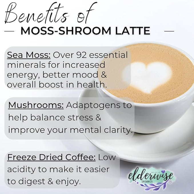Elderwise Organics Coffee - Latte - Lion's Mane, Chaga, Reishi, Cordyceps, MCT Oil, Coconut Cream & Sea Moss - 12 Servings - Freeze Dried Instant Coffee - Chemical free - Fair Trade