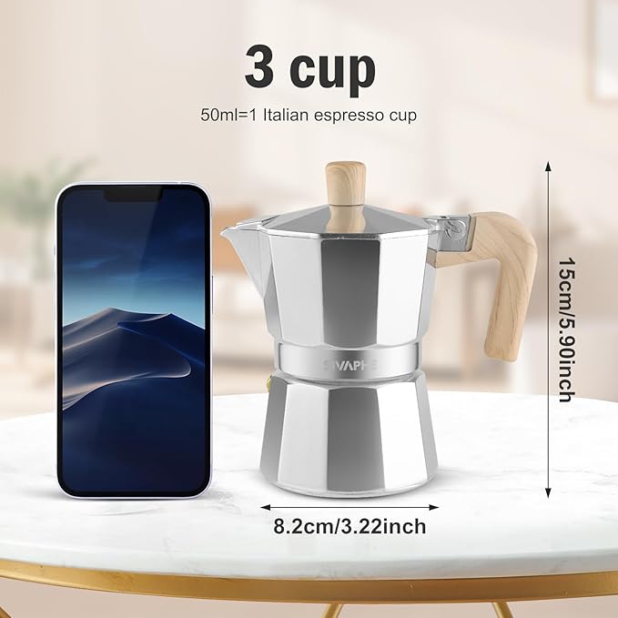 Sivaphe Aluminum Moka Pot 3 Espresso Cups, Percolator Espresso and Coffee Maker, Portable Stovetop Italian and Cuban Cafì±?Brewer for Home and Camping Sliver