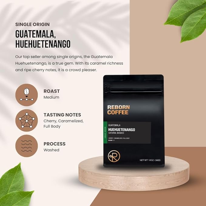 Reborn Coffee Specialty Whole Bean Coffee, Medium Roast, 12 Ounce, Guatemala Huehuetenango, Flavor Notes of Cherry, Caramelized, and Full Body