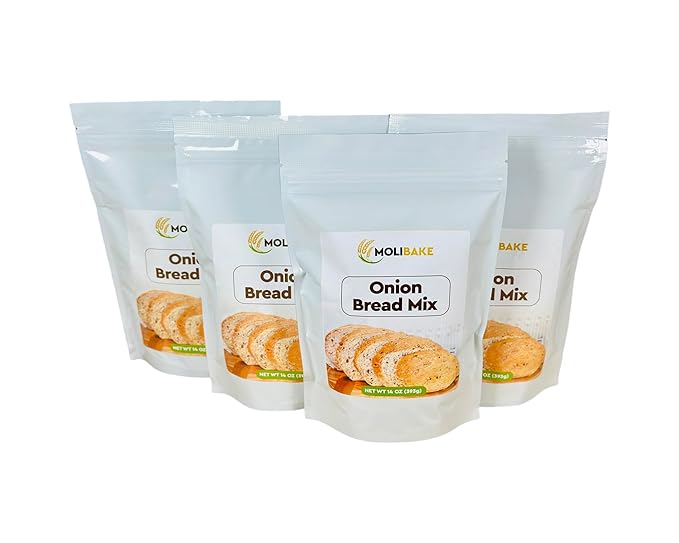 Molibake Onion Bread Mix ??Pack of 4 ??Premium All-Natural Baking Mix for Bread Machine and Oven ??14 oz ??Gourmet Blend with Dried Onion Flakes, Sunflower Seeds, Rye Malt Flour ??Easy-to-Use Bread Maker Mix for Homemade Baking