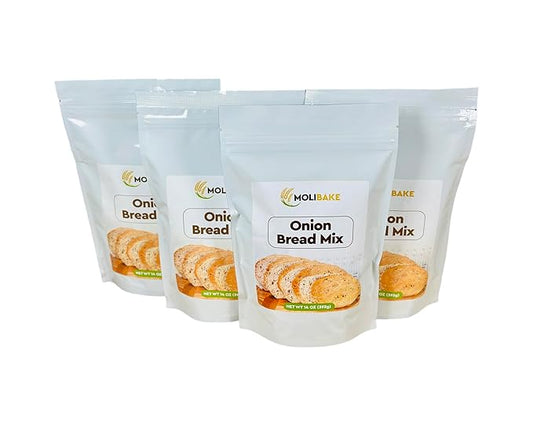 Molibake Onion Bread Mix ??Pack of 4 ??Premium All-Natural Baking Mix for Bread Machine and Oven ??14 oz ??Gourmet Blend with Dried Onion Flakes, Sunflower Seeds, Rye Malt Flour ??Easy-to-Use Bread Maker Mix for Homemade Baking