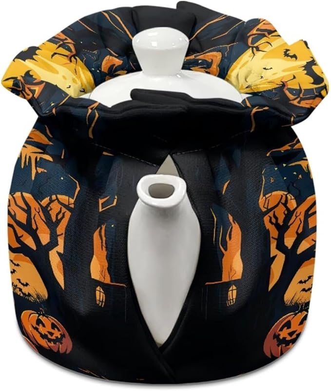 Black Cat Tea Cozy for Teapot Insulated Dust Proof Tea Pot Warmer for All Saints' Day Soft & Washable Teapot Dust Protector with Drawstring