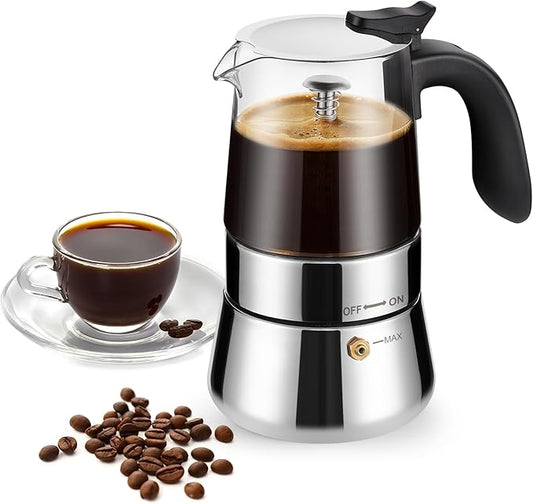 Moka Pot-Portable Stovetop Espresso Maker, Borosilicate Glass & Stainless Steel Percolator Coffee Maker 6 Cups (240ml/8.5oz)