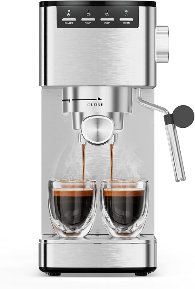 Kndko Espresso Machine 20 Bar, Compact Espresso Coffee Maker with Steam Milk Frother, Stainless Steel Coffee Machine with 40.5oz Removable Water Tank for Espresso, Latte, Cappuccino, Iced Coffee